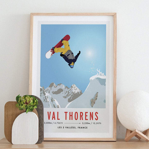 Val Thorens, Les 3 Vallees, France Snowboard Travel Poster