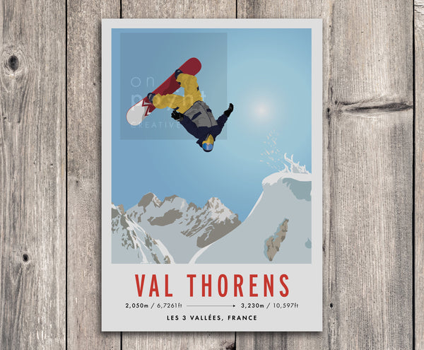 Val Thorens, Les 3 Vallees, France Snowboard Travel Poster